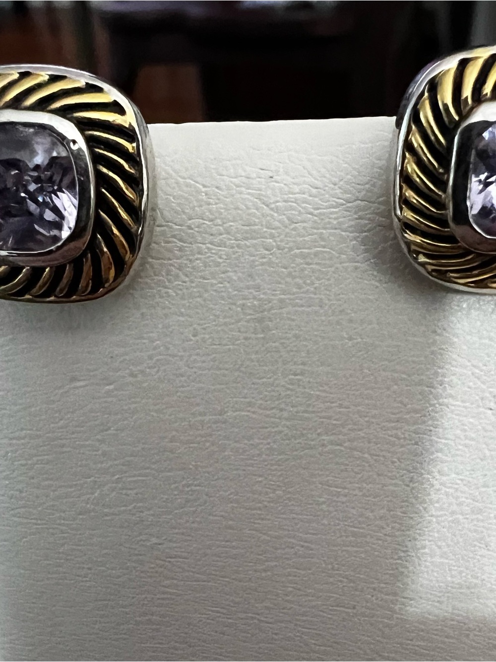 Two-Tone Gold & Silver Stud Earrings with Light Purple Gemstones - Picture 2 of 8